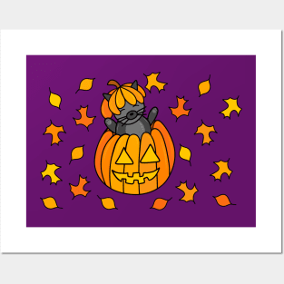 Cartoon Halloween Cat in Jack o Lantern Pumpkin with Fall Leaves on a Purple Backdrop, made by EndlessEmporium Posters and Art